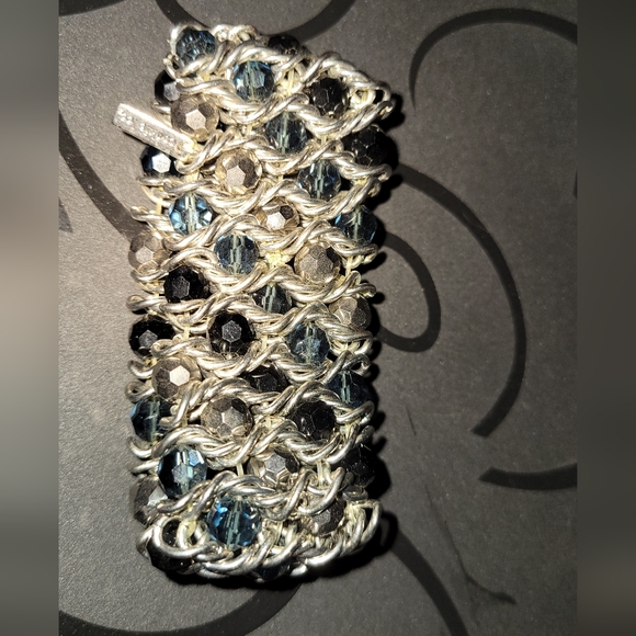 Onxy Dark Blue & Sterling Silver Chain Woven Bracelet, stretchy. - Picture 4 of 7